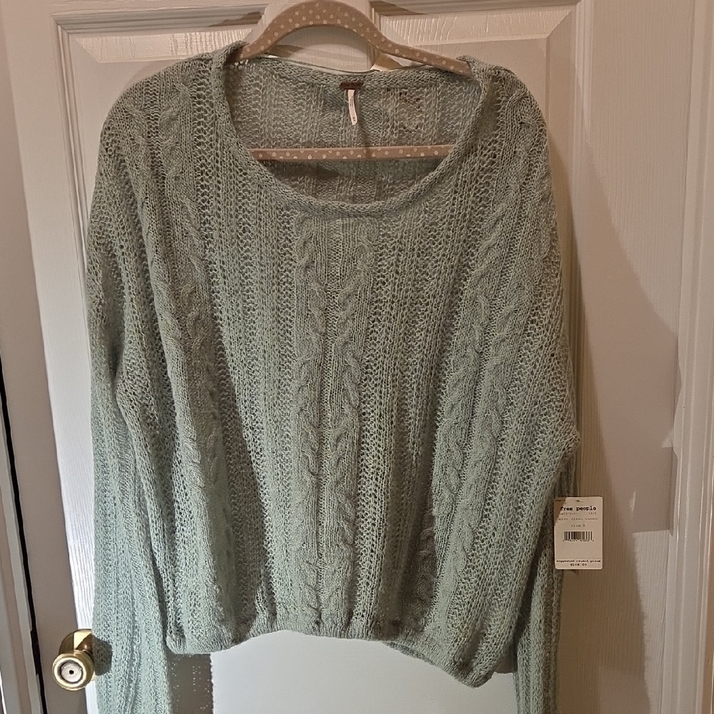 Free People Women's Sage Green Cable Knit Sweater
